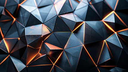 Abstract, Futuristic, Black Triangles with Orange Glowing Lines Background - Digital Art, 3D Render, Technology, Innovation, Modern Design, Geometric