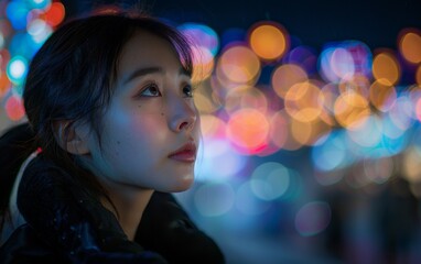 A woman with dark hair and a black jacket is looking at the camera. The image has a moody and mysterious feel to it, as the woman's gaze seems to be focused on something beyond the frame