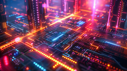 Obraz premium Futuristic Circuit Board Technology Background With Glowing Lights, Data Transfer, And Digital Network Connection Concept Illustration With Copy Space - High-Resolution 3D Render