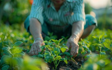 Fototapeta premium A woman is tending to a garden, pulling weeds and planting new plants. The scene is peaceful and serene, with the woman's hands in the dirt and the plants surrounding her. Concept of hard work