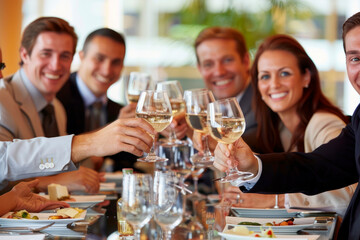 Business team celebrating with , group of professionals raising glasses of wine, smiling and celebrating a business success.
