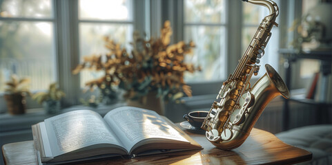 Modern saxophone placed next to an open book of poetry on a simple wooden table. Soft, natural...