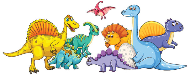 Group of playful dinosaurs in vibrant colors