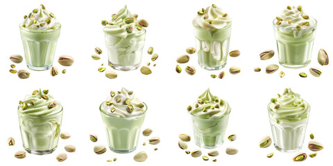 Set of Pistachio Yogurt With Floating Pistachios isolated on transparent png background. Generative ai