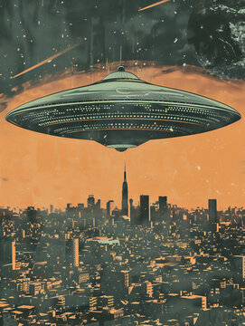 Retro vintage color photograph movie poster dramatic UFO flying saucer over a big city news style 1960s sci-fi science fiction alien invasion journalistic hoax conspiracy theory concepts