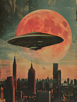 Retro vintage color photograph movie poster dramatic UFO flying saucer over a big city news style 1960s sci-fi science fiction alien invasion journalistic hoax conspiracy theory concepts