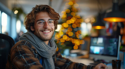 Obraz premium A happy white young adult working on apps development, technology elements. Generative AI.