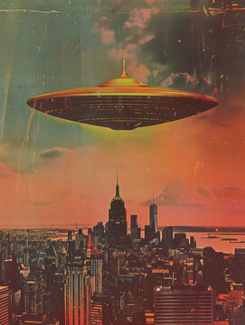 Retro vintage color photograph movie poster  dramatic UFO flying saucer over a big city news style 1960s sci-fi science fiction alien invasion journalistic hoax conspiracy theory concepts