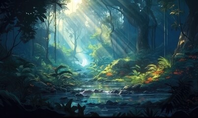 Mystical Jungle Stream with Sunbeams