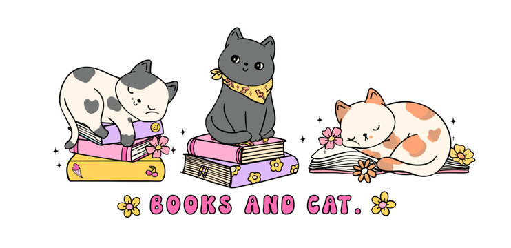 Cozy Book Vibe Retro Groovy books and cat banner vibrant and bold cartoon doodle drawing.