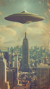Retro vintage color photograph movie poster  dramatic UFO flying saucer over New York City news style 1960s sci-fi science fiction alien invasion journalistic hoax conspiracy theory concepts