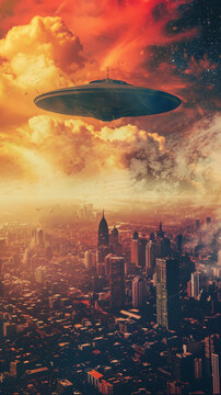 Retro vintage color photograph movie poster  dramatic UFO flying saucer over a big city news style 1960s sci-fi science fiction alien invasion journalistic hoax conspiracy theory concepts