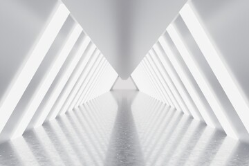 White futuristic tunnel towards light. Wide angle.modern style. 3d illustration