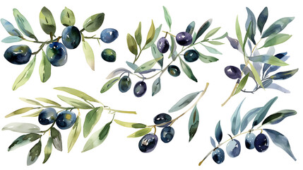 Set of olive branches, decoration for wedding, isolated on transparent background, cut out