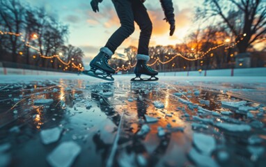 A person is skating on a frozen lake with lights in the background