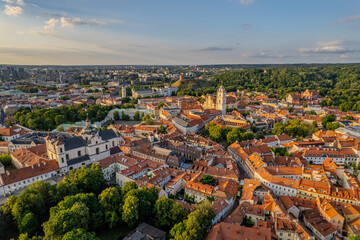Aerial summer evening sunset view of Vilnius old town, Lithuania