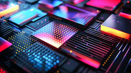 Obraz premium Abstract, Futuristic, Neon Glowing, Colorful, Cyberpunk, Technology Background with Digital Data, Artificial Intelligence, and Machine Learning Concept Design - 3D Rendering Illustration