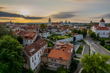 Aerial summer evening sunset view of Vilnius old town, Lithuania