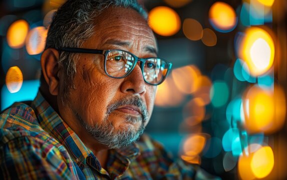 A man with glasses is looking at the camera. He is wearing a plaid shirt. The image has a moody and contemplative feel to it