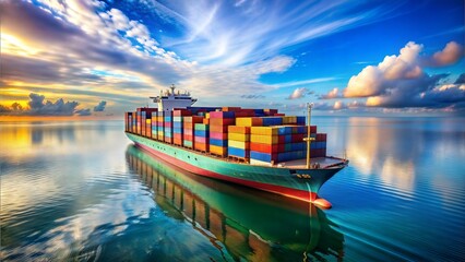 Fototapeta premium Cargo container Ship, cargo vessel ship carrying container and running for import export concept technology freight shipping sea freight by Express Ship. a clean and clear pastel colored blue sky 