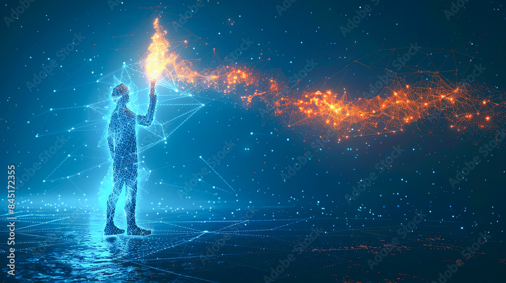 Wall mural digital man reaching for orange and blue plexus network connection on blue background technology abs
