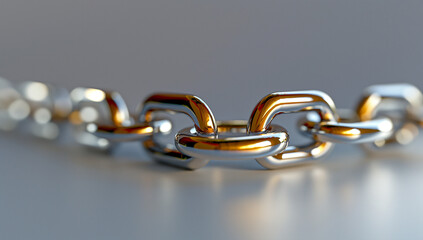 Obraz premium Closeup of the link chain, shiny chrome with golden accents, set against a dark background. The focus is on one single interlaced beam, symbolizing strength and connection in business networks