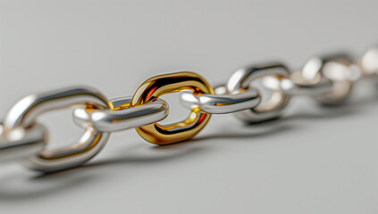 Fototapeta premium Closeup of the link chain, shiny chrome with golden accents, set against a dark background. The focus is on one single interlaced beam, symbolizing strength and connection in business networks