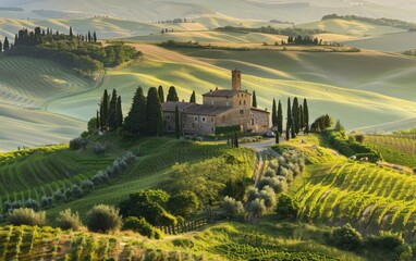 Naklejka premium A beautiful countryside with a large house and a vineyard. The house is surrounded by trees and the vineyard is lush and green. The scene is peaceful and serene