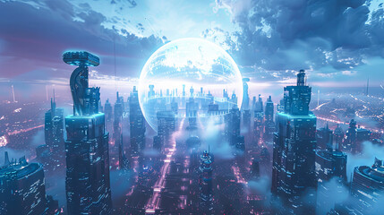 Futuristic Cyberpunk Cityscape with Neon Lights and Holographic Globe, Digital Art, Cyberpunk City, Science Fiction City, Technology Concept, Future City Illustration, Artificial Intelligence City
