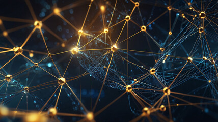 A minimalist network of glowing gold nodes and lines that create abstract geometric shapes. dark blue background