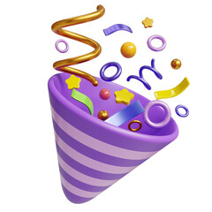 Party confetti 3d render illustration. 3d party popper with confetti. 