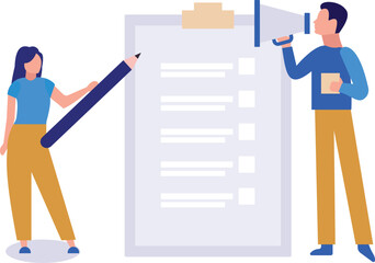 Girl and boy are announcing in the market.