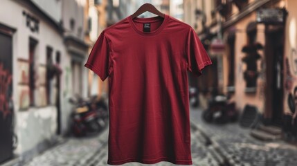 Fototapeta premium Plain red t-shirt with a blurred street background, suitable for a stylish mockup design. Generative AI