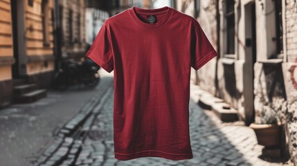 Fototapeta premium A plain red t-shirt is displayed against a blurred street background, creating a stylish and dynamic setting. This setup is ideal for a mockup design