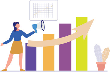 The girl is announcing about the business bar graph.