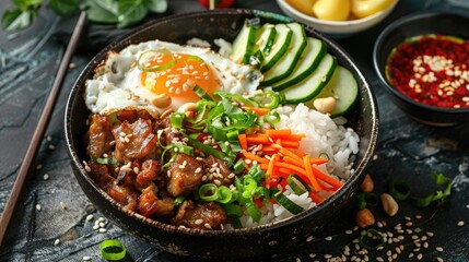 Asian style Breakfast Bowl with Rice Pork Egg and Vegetables