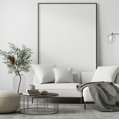 Living room interior with two empty white posters on wall, grey sofa oak wooden parquet floor, carpet. Concept of cozy meeting place. Mock up.