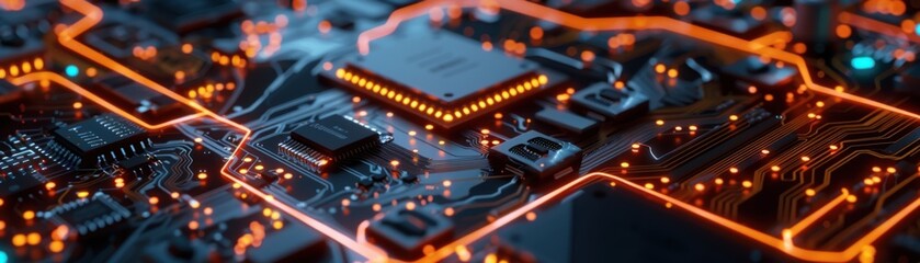 A close up of a computer chip with a lot of glowing lights