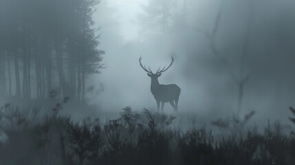 A deer stands in a forest with foggy air