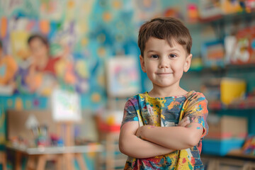 Back to school, A very happy Little boy kid as a paint artist, school kid