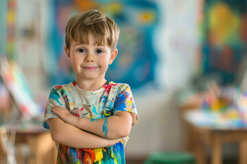 Back to school, A very happy Little boy kid as a paint artist, school kid