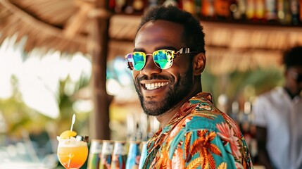 african american smiling man bartender work on the beach resort, barman making a cocktail on the beach for relaxing.
