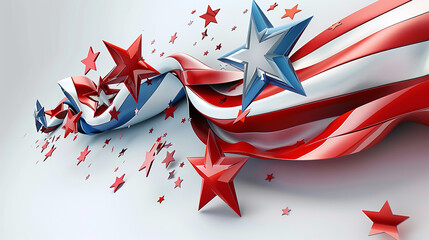 Patriotic 3D collage of stars and stripes transforming into a flowing flag for Memorial Day.