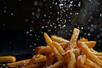 Crispy golden french fries being salted against a black background