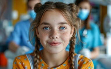 A young girl with blue eyes and red hair is smiling at the camera. She is wearing a yellow shirt and has her hair in pigtails. There are two other people in the background