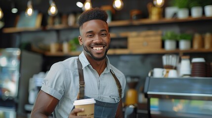 Fototapeta premium portrait of a cafe worker of a handsome African American guy barista smiling at the camera while standing at the counter. Happy young man in an apron . waiter working. background.