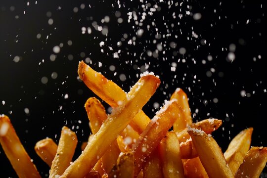 Crispy golden french fries being salted against a black background