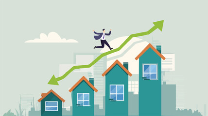 Housing price rising up, real estate or property growth concept, businessman running on rising green graph on house roof. vector