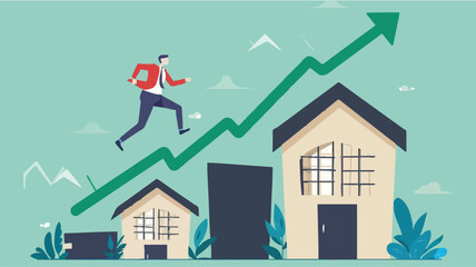 Housing price rising up, real estate or property growth concept, businessman running on rising green graph on house roof. vector
