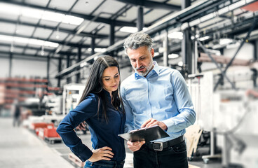 Two project managers standing in modern industrial factory. Manufacturing facility with robotics, robotic arms and automation. Storing products and materials in warehouse.